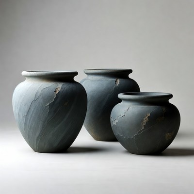 Three Cracked Gray Ceramic Vases