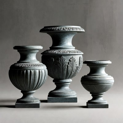 Three Ornate Gray Stone Urns