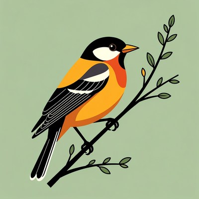 Bullfinch perched on branch illustration