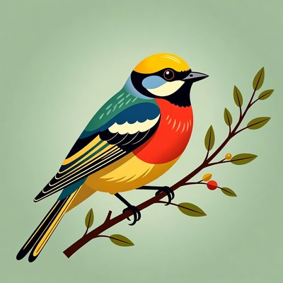 Colorful European Robin Illustration on Branch