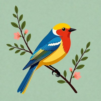 Colorful bird on branch illustration