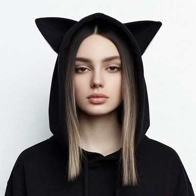 Woman in black cat ear hoodie