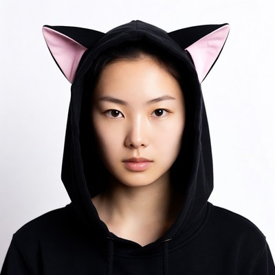 Asian woman in black cat hoodie