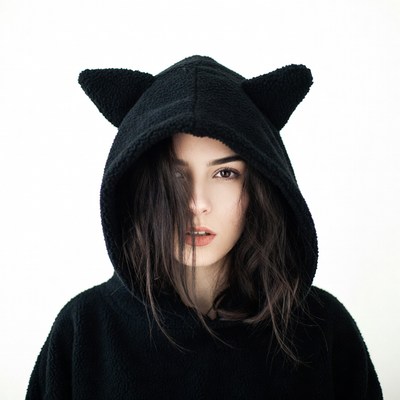 Woman in black cat ear hoodie