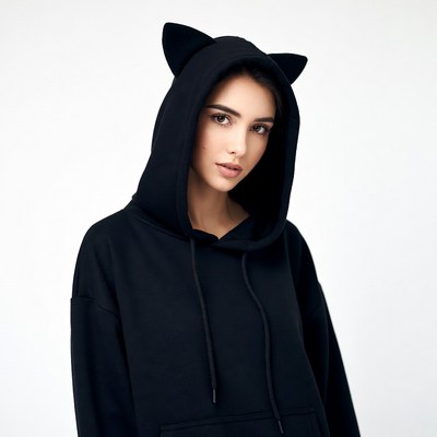 Woman in black cat ear hoodie