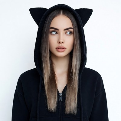 Woman in black cat ear hoodie