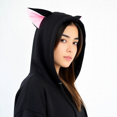 Asian girl in black cat ear hoodie