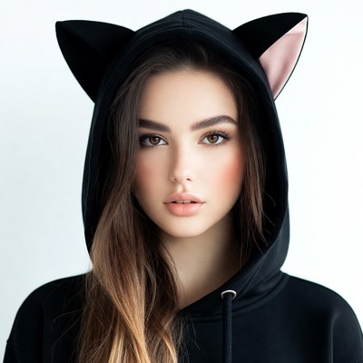 Woman wearing black cat ear hoodie