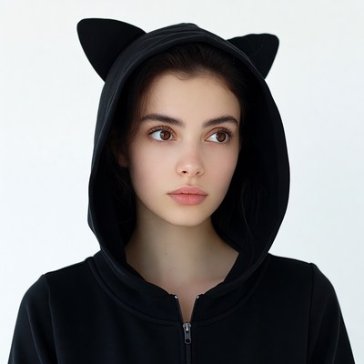 Woman in black cat ear hoodie
