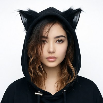 Asian woman in black cat ear hoodie