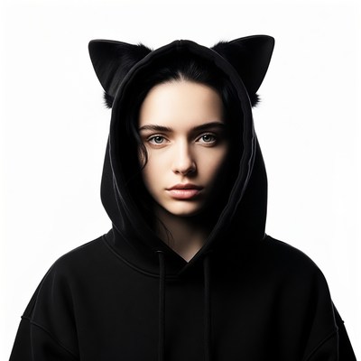Woman in black hoodie with cat ears