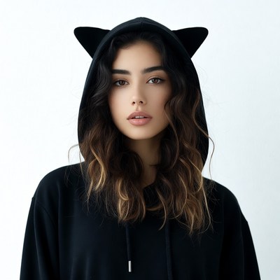 Woman in black cat ear hoodie