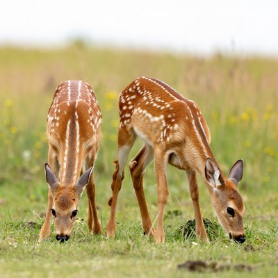 Two fawns grazing in grass