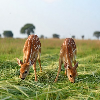 Twin fawns grazing in green grass