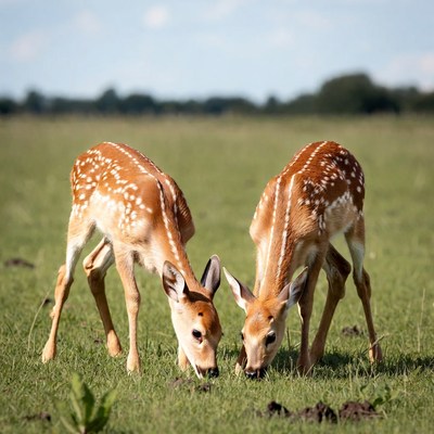 Two fawns grazing in green field