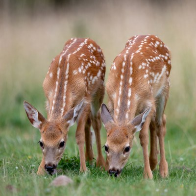 Two fawns grazing in grass