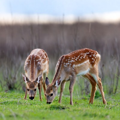 Two fawns grazing in grass
