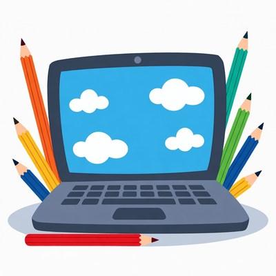 Laptop with colorful pencils illustration