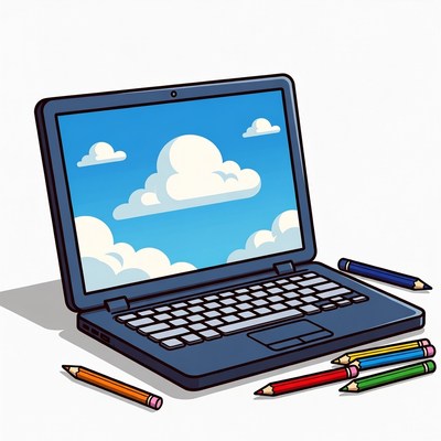 Laptop with colored pencils illustration