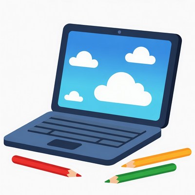 Laptop with clouds and colored pencils