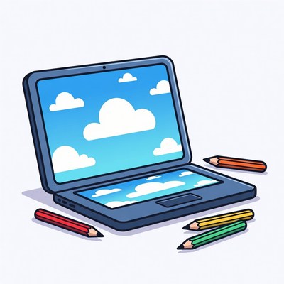 Laptop screen with clouds and colored pencils