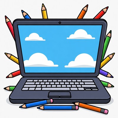 Laptop with colorful pencils and clouds