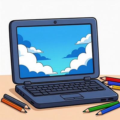 Laptop with sky screen and crayons