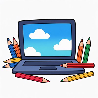 Laptop with colorful pencils illustration