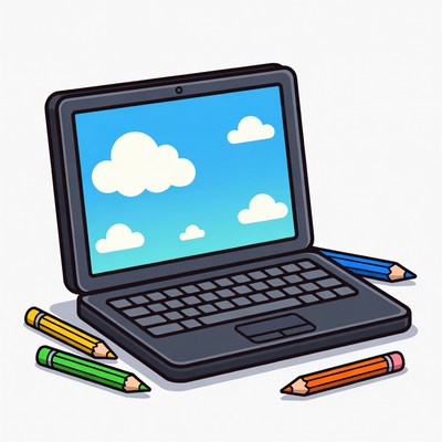 Laptop with Colored Pencils Illustration