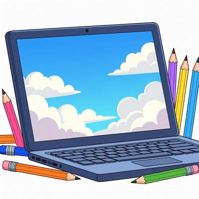 Laptop with colorful pencils illustration