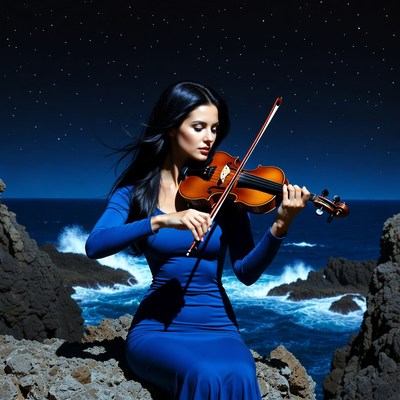 Woman playing violin on rocky ocean cliff