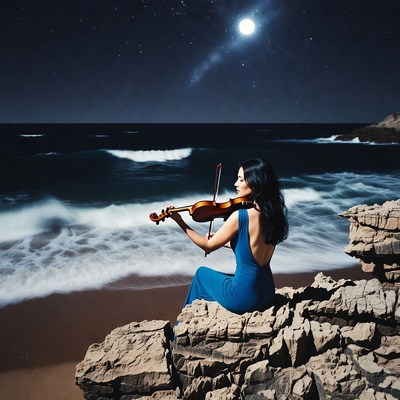Woman playing violin on beach rocks