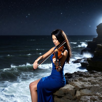 Woman playing violin on seaside cliff