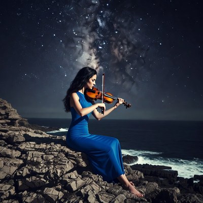 Woman playing violin under starry sky