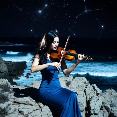 Asian woman playing violin by ocean