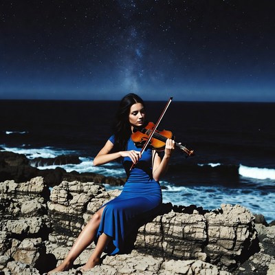 Woman playing violin on seaside rocks