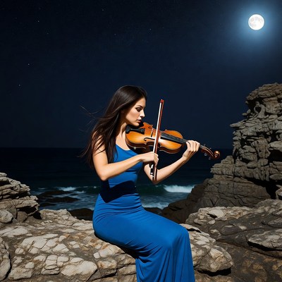 Woman playing violin on seaside rocks