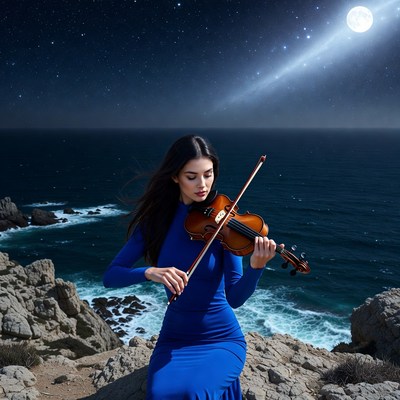 Woman playing violin on seaside cliff