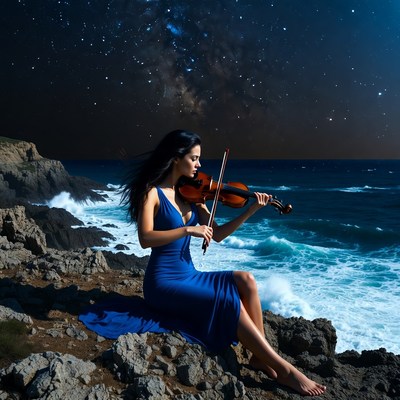 Woman playing violin on rocky ocean cliff