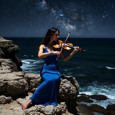 Woman playing violin on seaside cliff