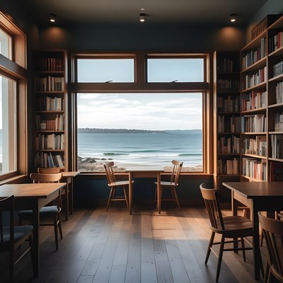 Cozy library cafe with ocean view