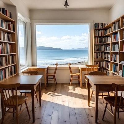 Cozy library with ocean view