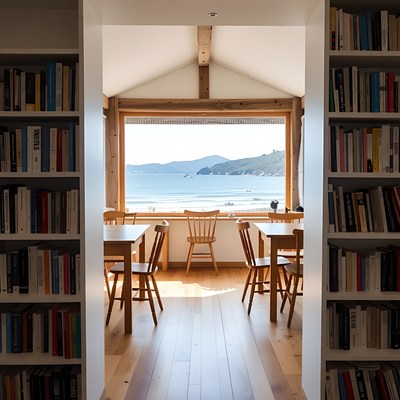 Library with ocean view through window