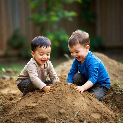 Two boys playing in dirt pile