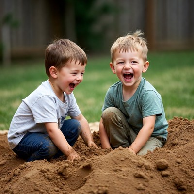 Two boys laughing in sandbox