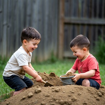 Two boys playing with sand backyard