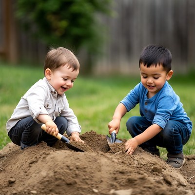 Two boys digging in dirt pile