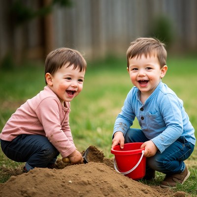 Twin boys playing with sand bucket