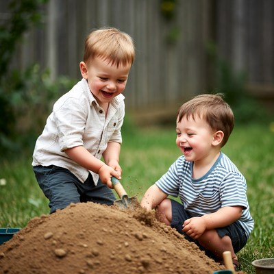 Two boys playing with sand in backyard