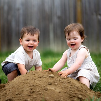 Brother and sister playing in dirt pile